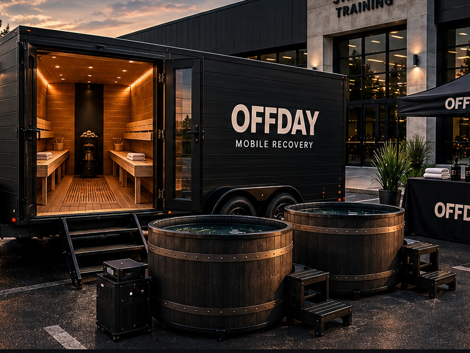 OFFDAY sauna trailer with two commercial barrel cold plunges